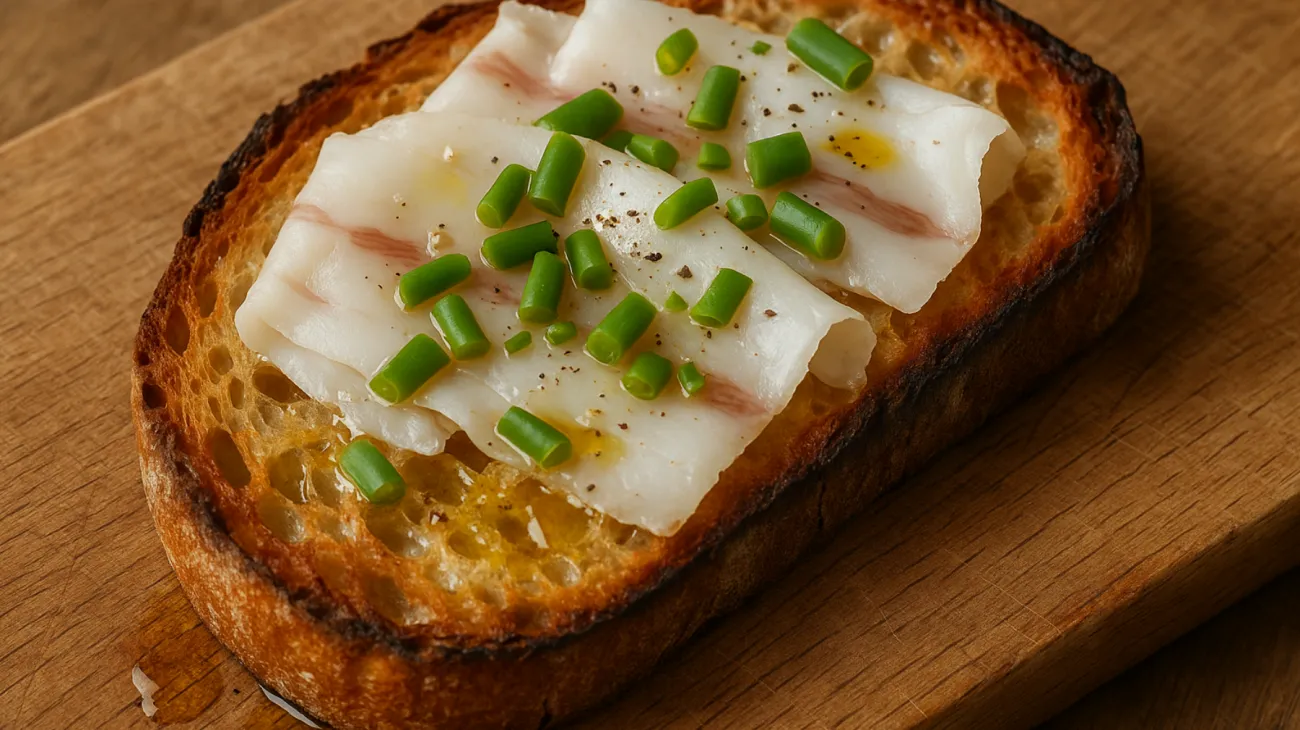 lardo di Colonnata pane toscano fagiolini freschi"
