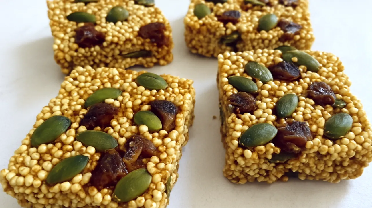 Barrette di quinoa soffiata con semi di zucca e datteri"