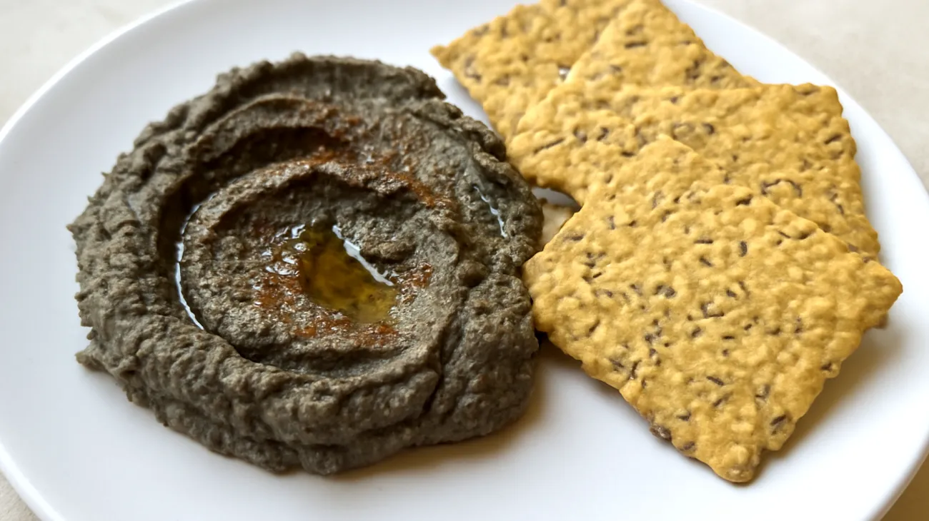 Crackers di semi di lino con hummus di ceci neri"