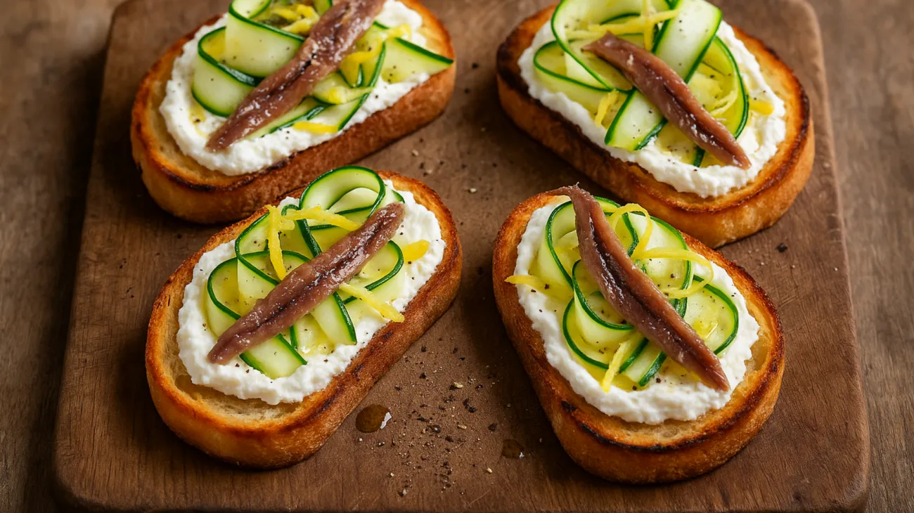 Crostini dorati ricotta acciughe zucchine"