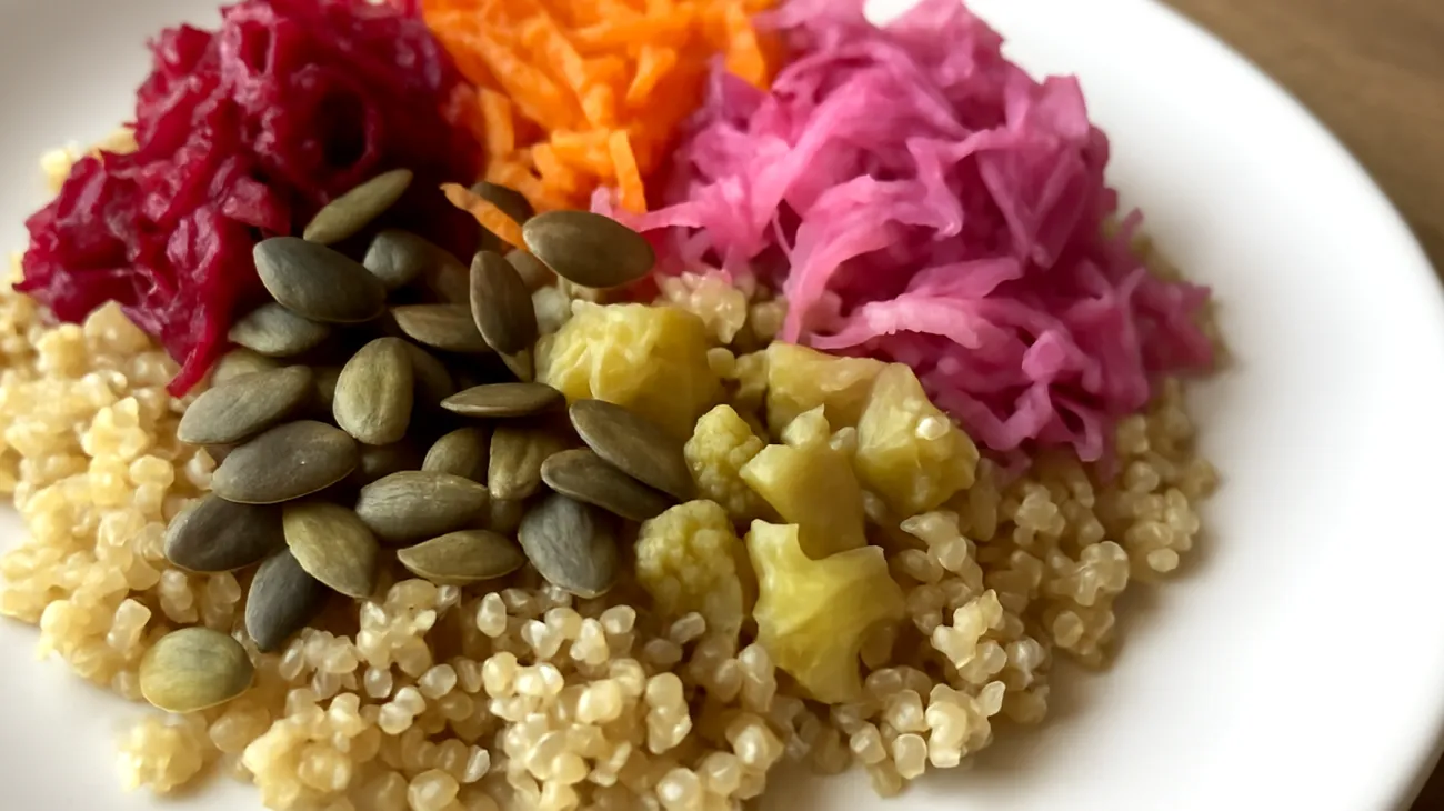 Insalata di quinoa con verdure fermentate e semi di zucca"