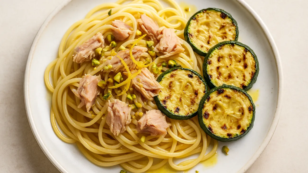 spaghetti tonno pistacchi zucchine grigliate"